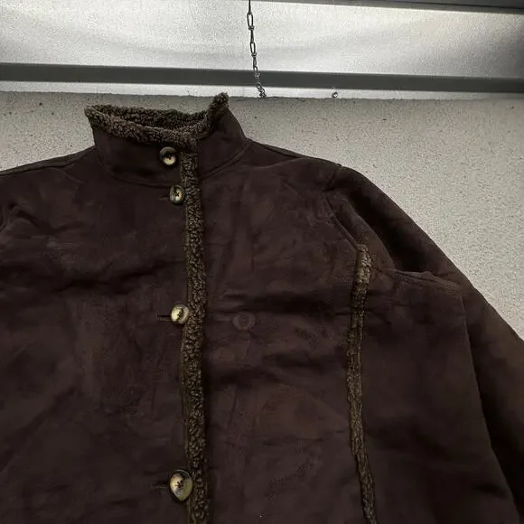 LL Bean BCT4 Faux Shearling Sherpa Long Coat Womens Large Brown Button - Picture 9 of 10